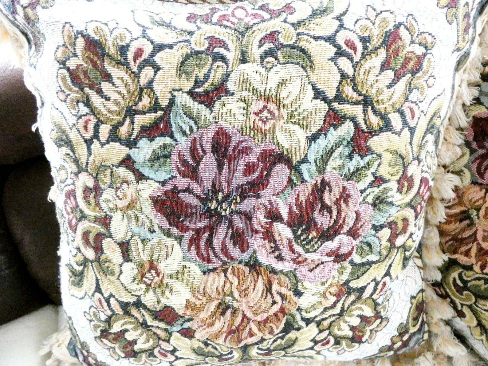 Vintage French Country Sofa Cushion, Tapestry Pillow, Tassels And Fringe Floral Pillow, Mid Century Home Decor France