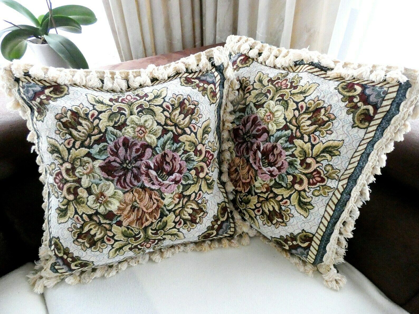 Vintage French Country Sofa Cushion, Tapestry Pillow, Tassels And Fringe Floral Pillow, Mid Century Home Decor France photo for sale