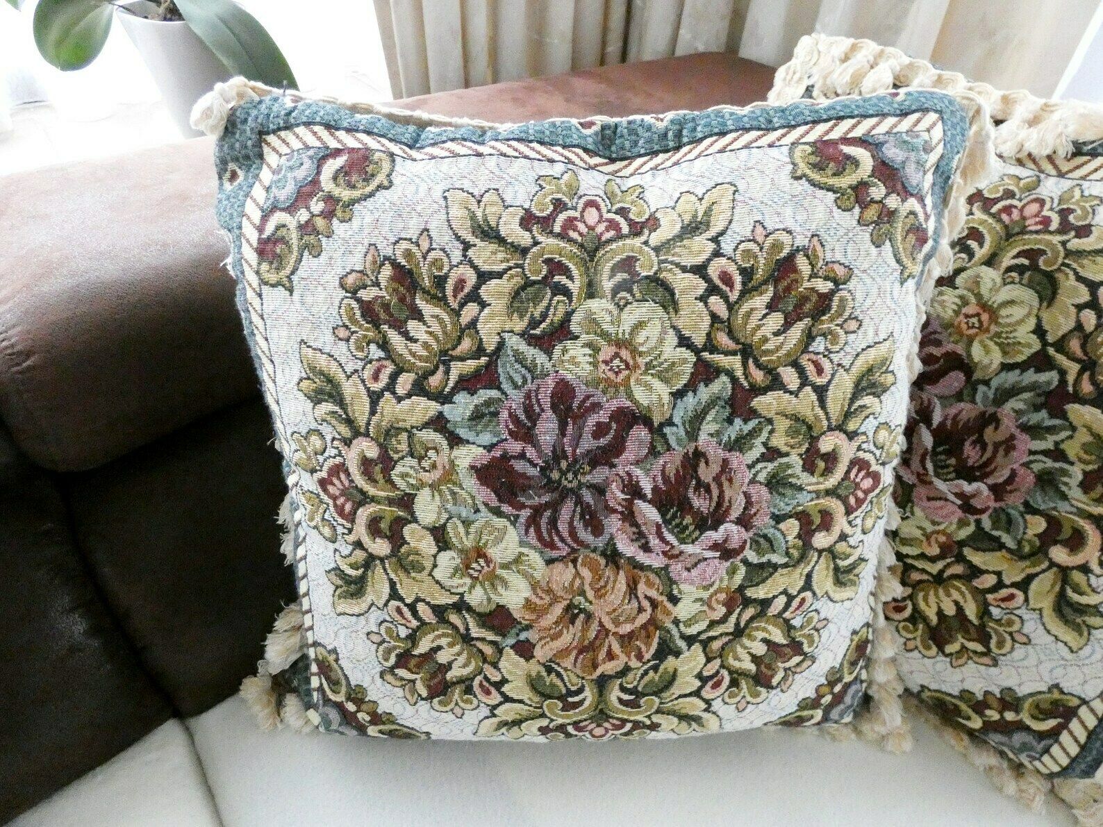 Vintage French Country Sofa Cushion, Tapestry Pillow, Tassels And Fringe Floral Pillow, Mid Century Home Decor France photo Textiles