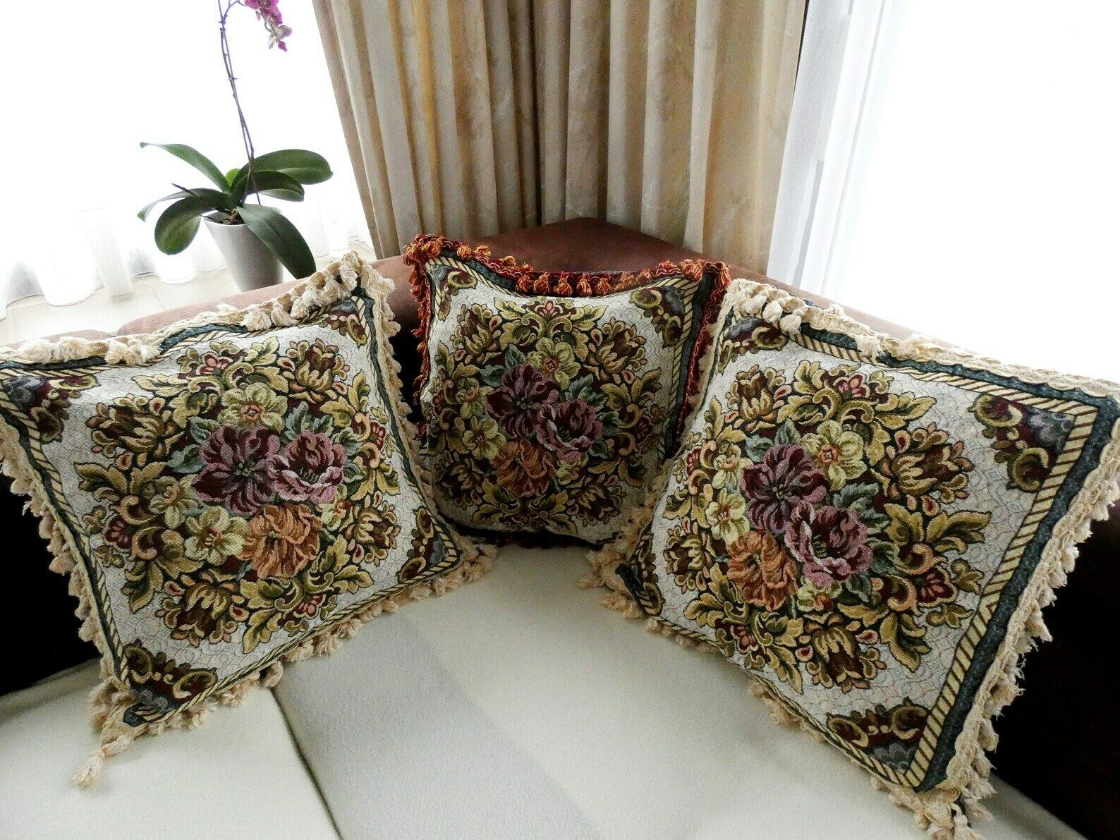 Vintage French Country Sofa Cushion, Tapestry Pillow, Tassels And Fringe Floral Pillow, Mid Century Home Decor France photo buy