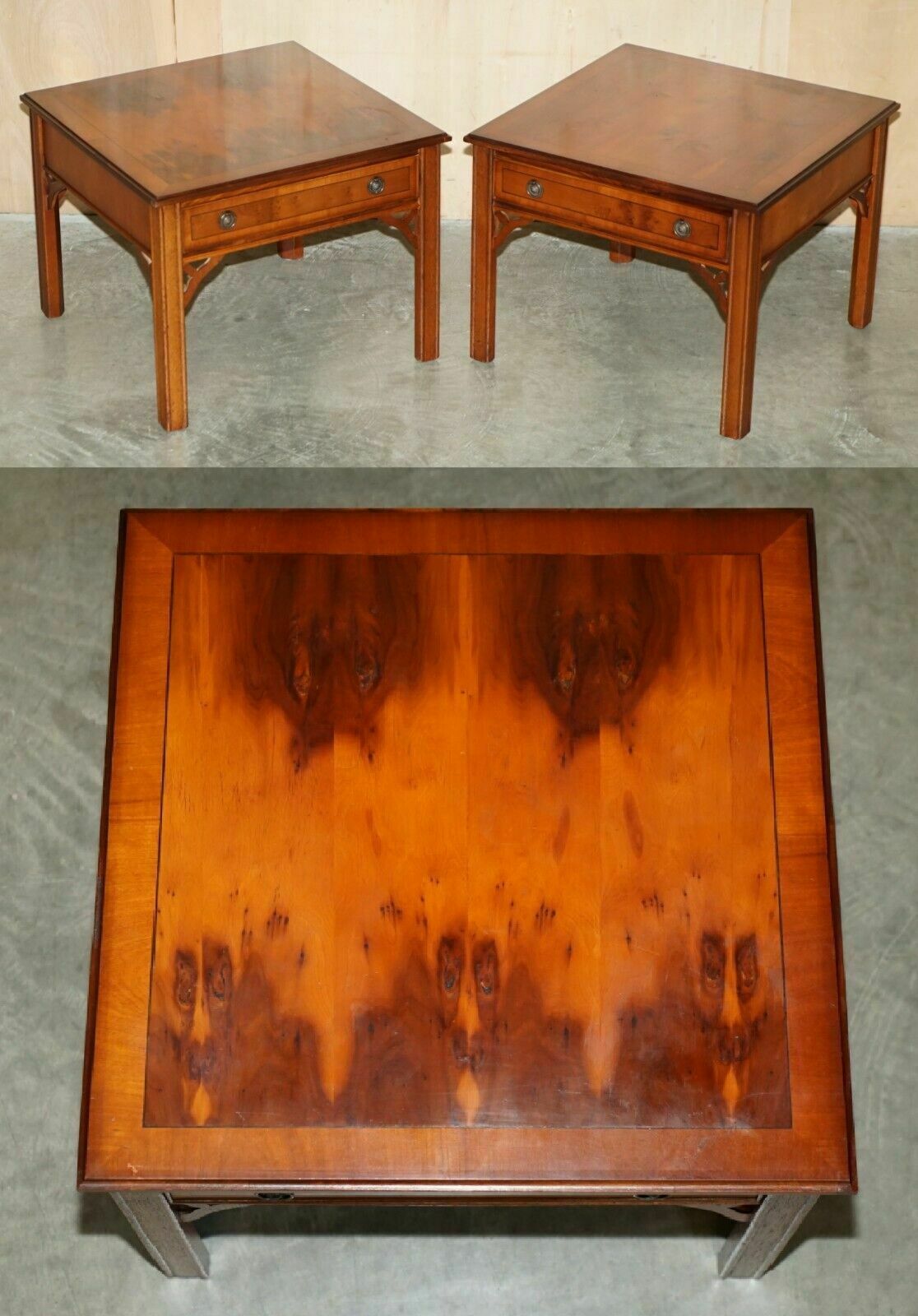 Lovely Pair Of Burr Yew Wood Side End Lamp Wine Tables With Large Single Drawers