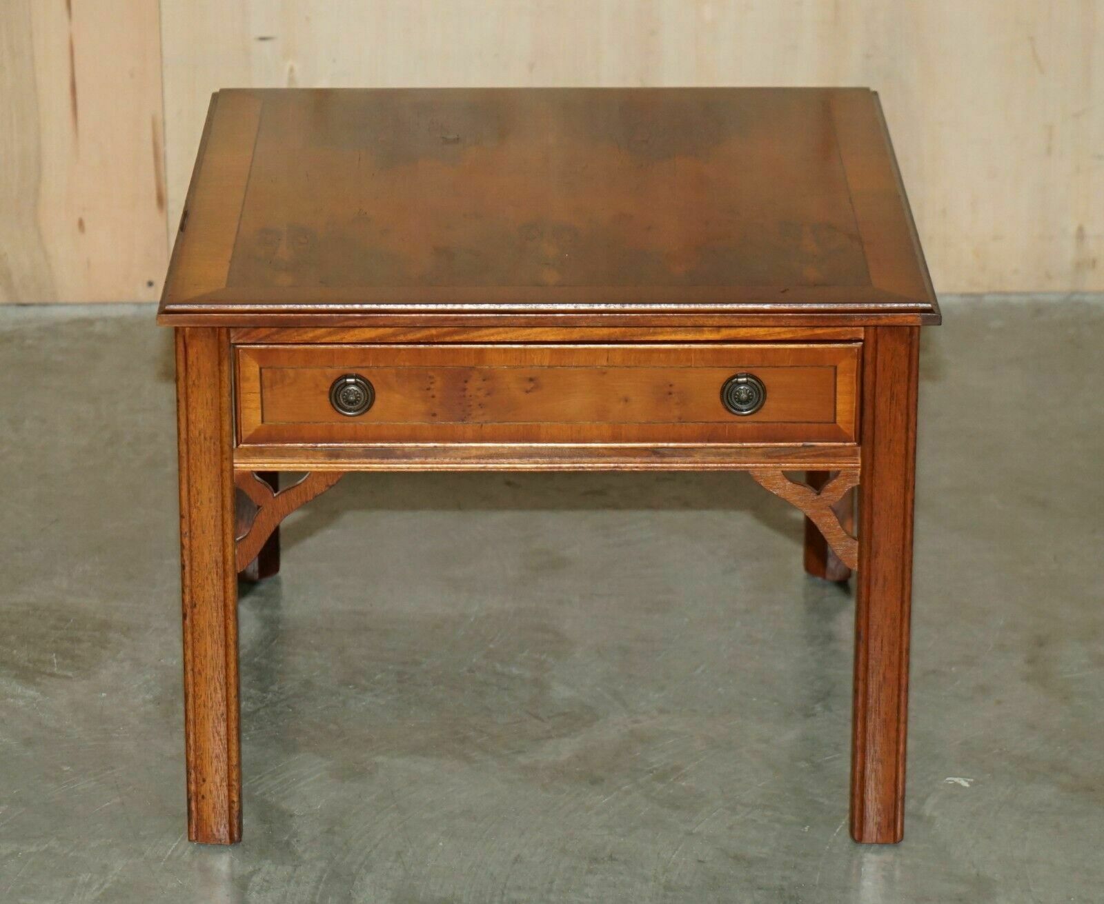 Lovely Pair Of Burr Yew Wood Side End Lamp Wine Tables With Large Single Drawers photo Furniture