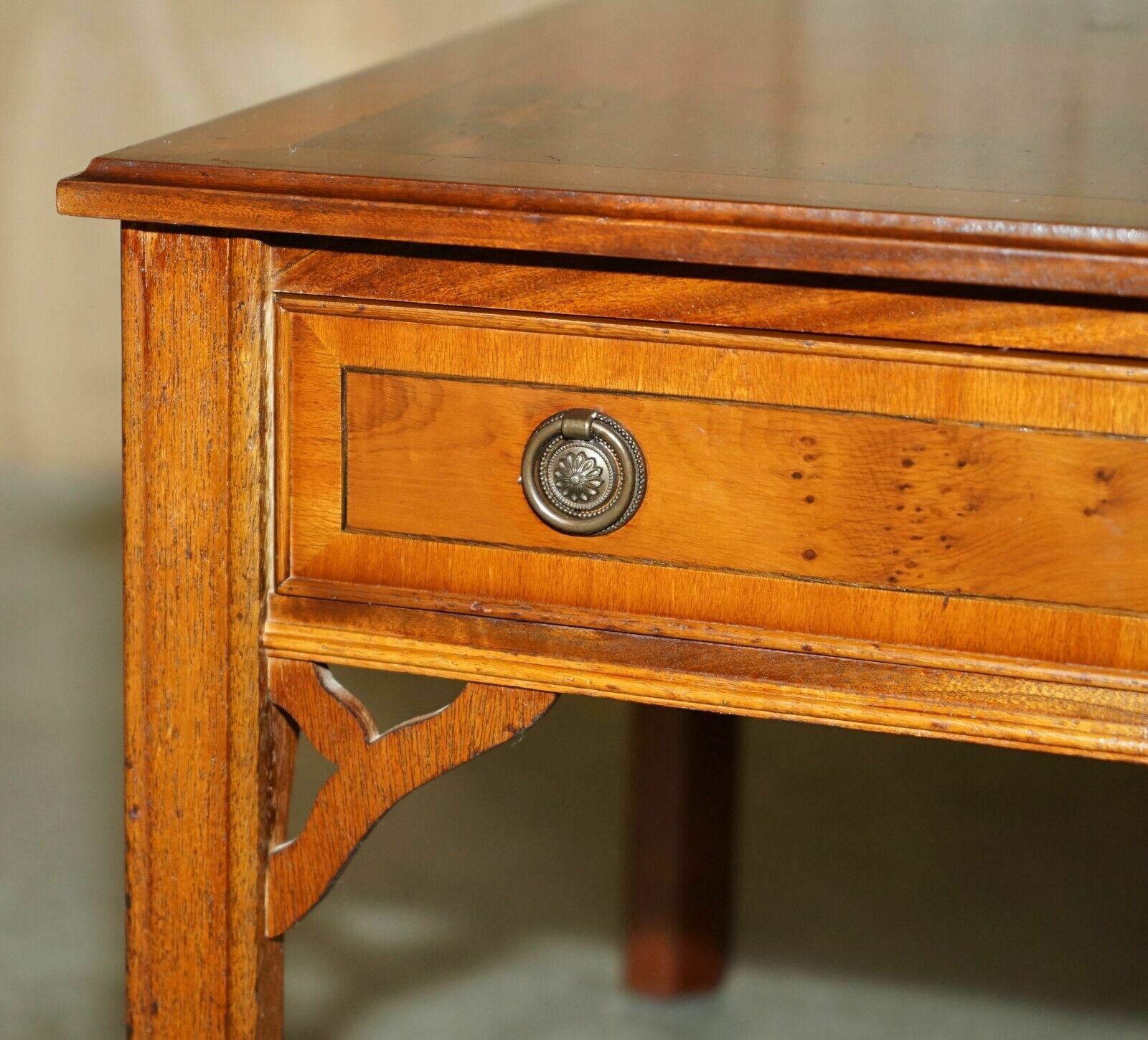 Lovely Pair Of Burr Yew Wood Side End Lamp Wine Tables With Large Single Drawers photo vinterior