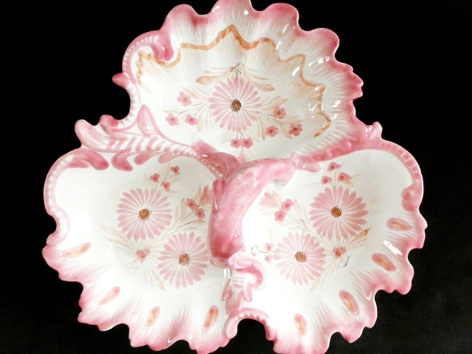 Large Quimper Serving Bowl Pink White Majolica Ceramic Plate Mid Century Decorative Hand Painted French Art Pottery photo furniture