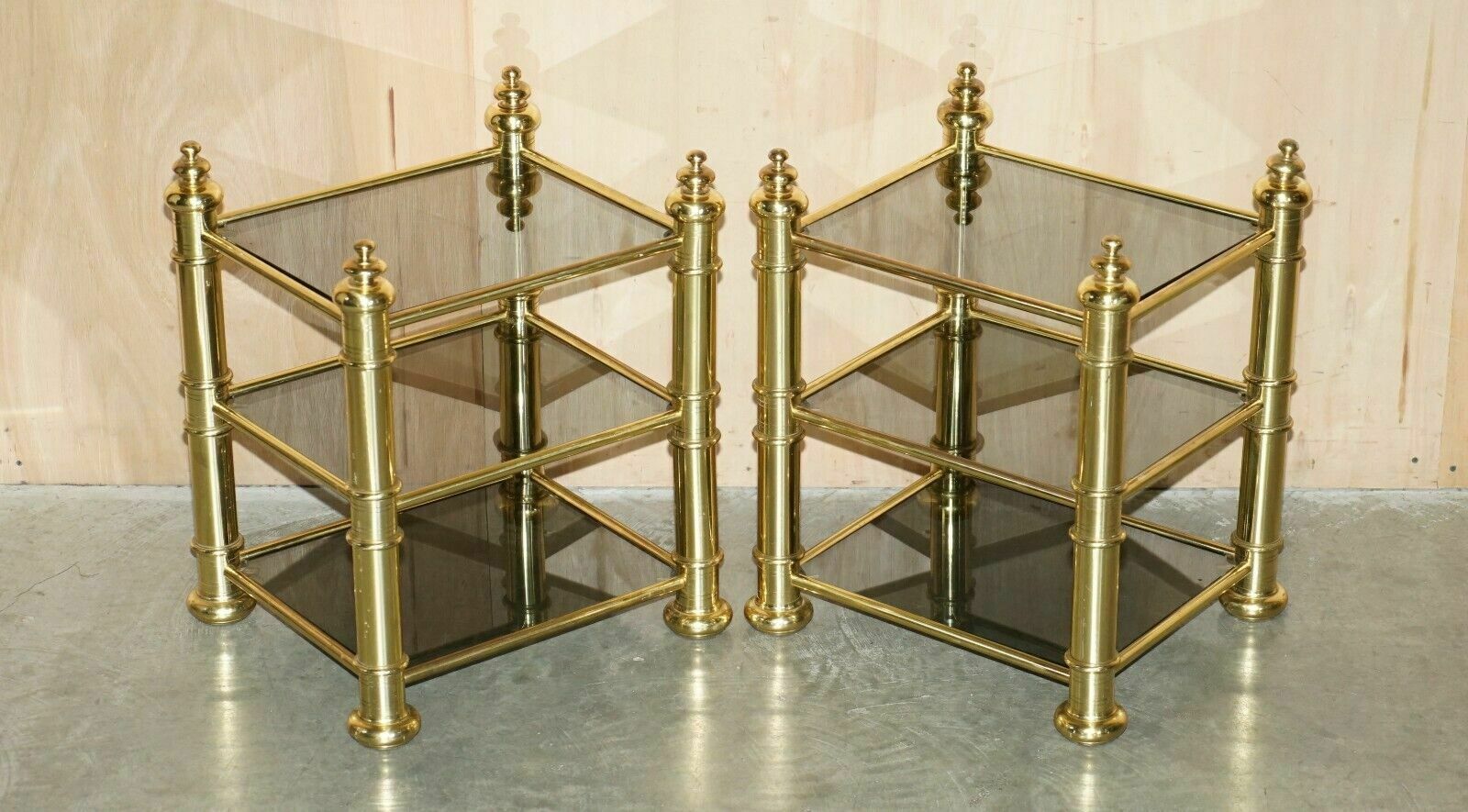 Vintage Pair Of Mid Century Modern Brass & Smoked Glass Etagere Side End Tables
