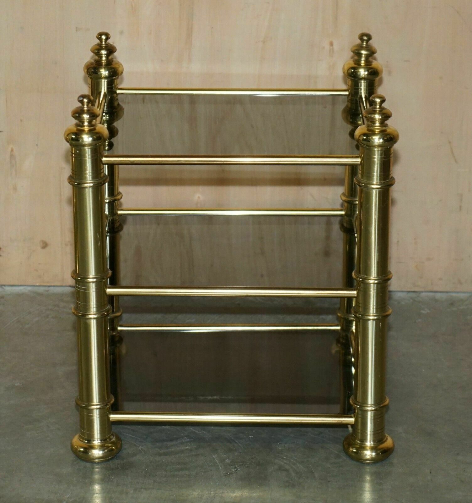 Vintage Pair Of Mid Century Modern Brass & Smoked Glass Etagere Side End Tables photo for sale