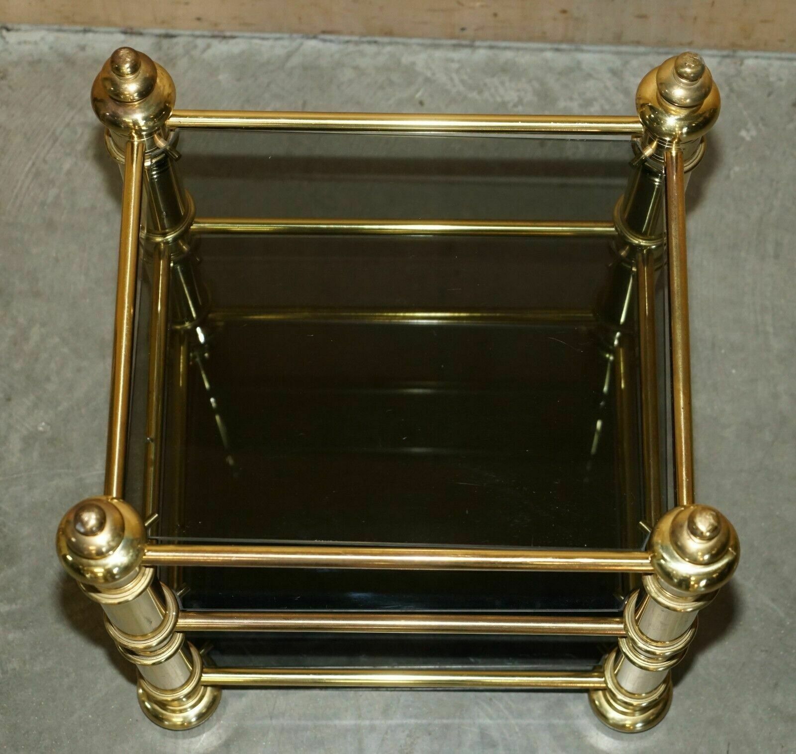 Vintage Pair Of Mid Century Modern Brass & Smoked Glass Etagere Side End Tables photo Furniture