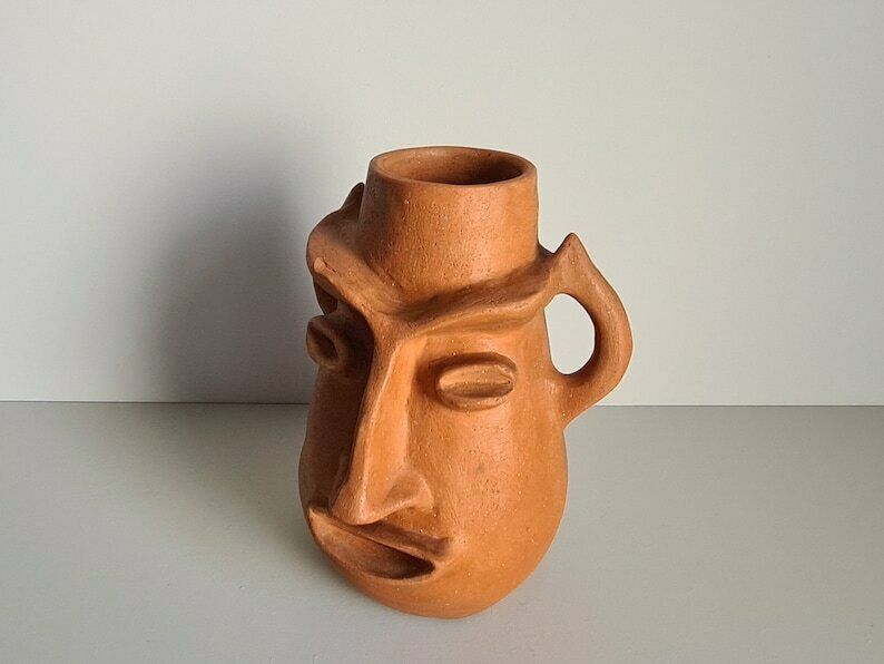 Face Shaped Terracotta Sculpture Vase / 60s / Vintage / Art / Mid Century / 20th Century photo vinterior