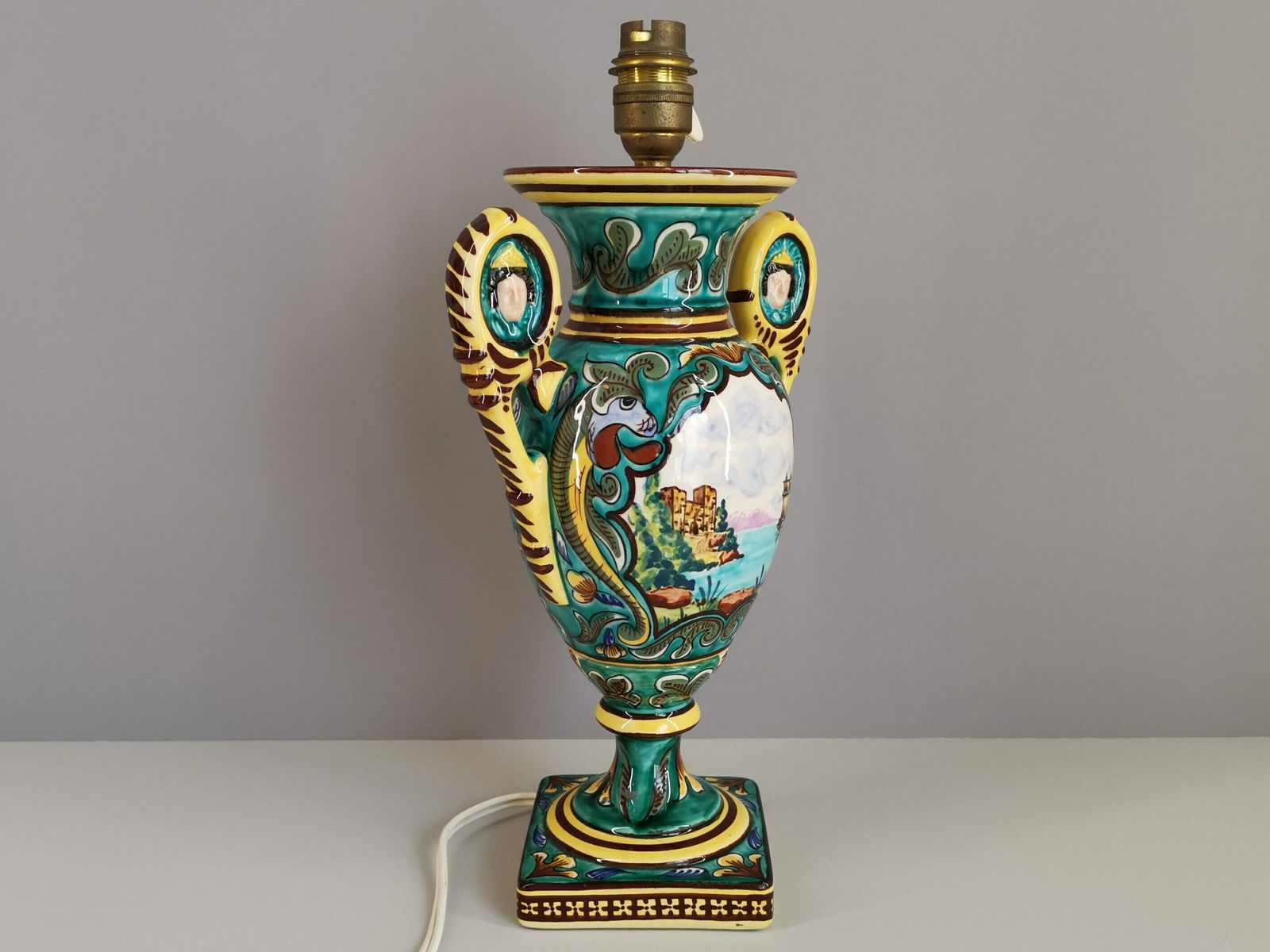 Gabriel Fourmaintraux Pottery Of Desvres Cutting With Dragons And Schooner / Lamp / French Ceramics / Handicrafts / Mid Century photo for sale