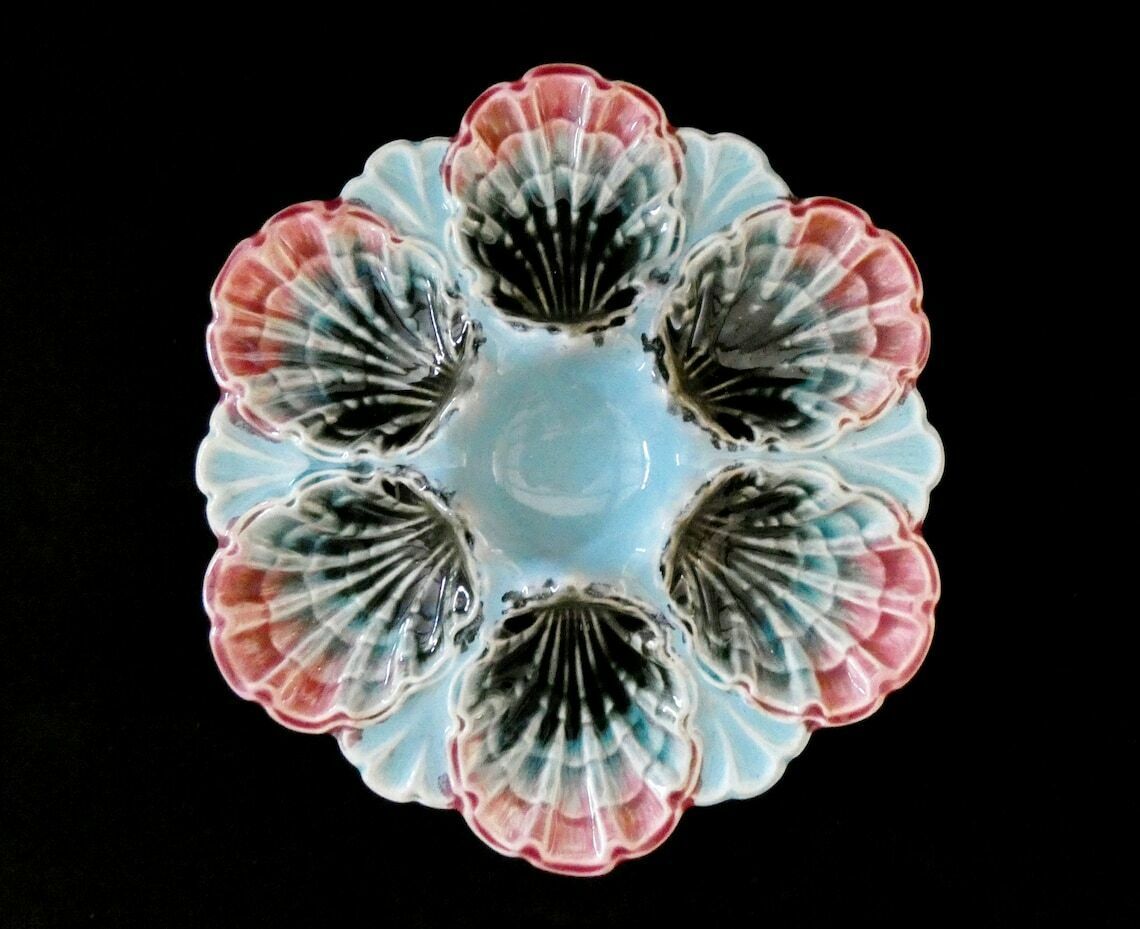 Antique France Fives Lille Oyster Plate Circa 1890, Majolica Turquoise Oyster Platter, Rare Collector's Plate photo 385.0