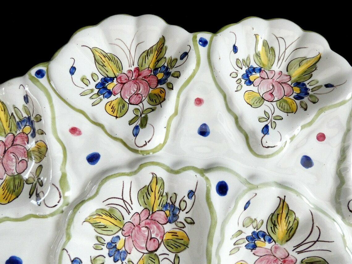 Zeldzame Grote Moustiers Martres Tolosane Oesterplaat Met Bloemendecor, Antiek Majolica Oesterschotel, M Tolosane Aardewerk, Frankrijk Jaren 1940 photo Woonaccessoires