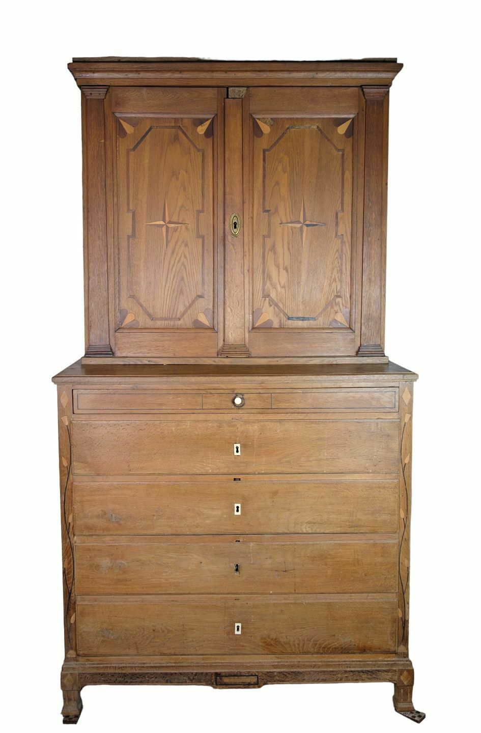 Frisian Style Chest Of Drawers With Upper Cabinet In Oak From 1820s