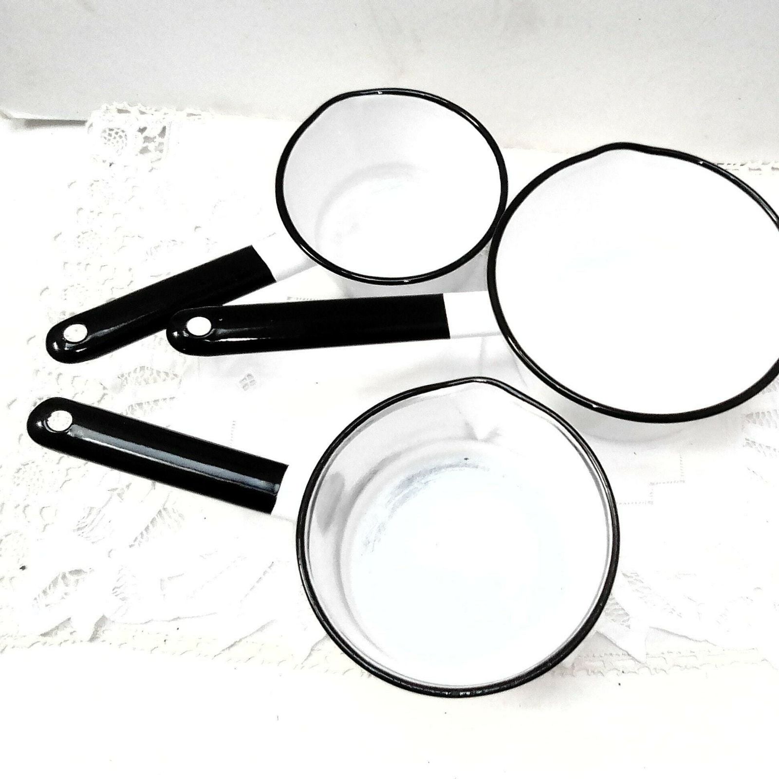 3 Vintage French White Enamel Pans, Retro 1950s Stove Top Saucepan Set, White Kitchen Decor photo vintage