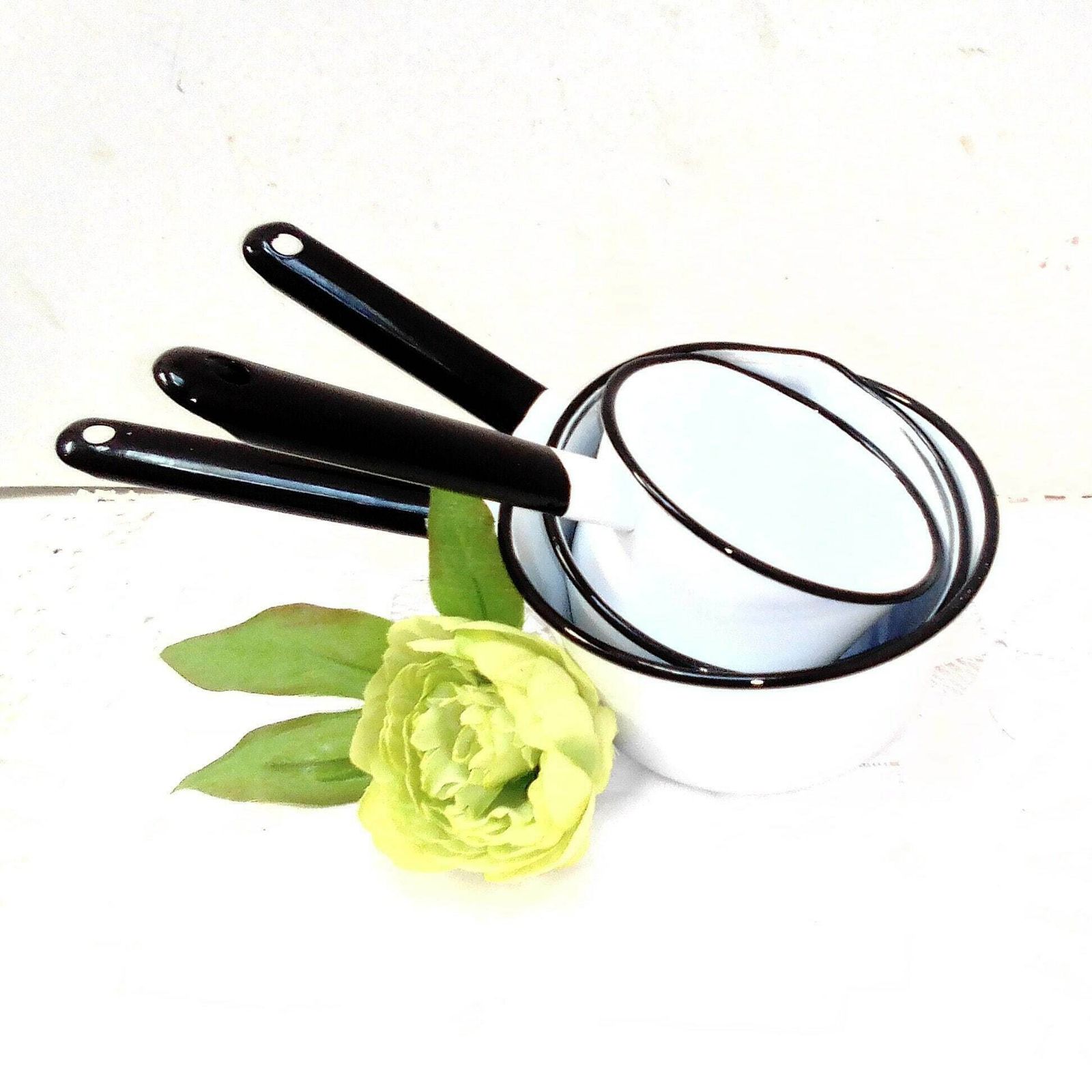 photo for sale 3 Vintage French White Enamel Pans, Retro 1950s Stove Top Saucepan Set, White Kitchen Decor