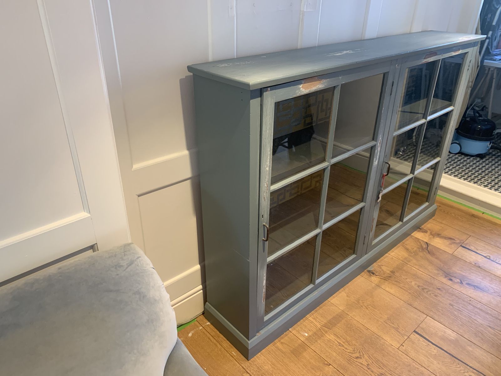 Vintage Wooden Display Cabinet Painted In A Distressed Look Using Farrow And Ball Incyra Blue. Decorative Farrow And Ball Paper To The Rear Internal Walls Using Double Sided Tape Which Can Easily Be Removed photo for sale