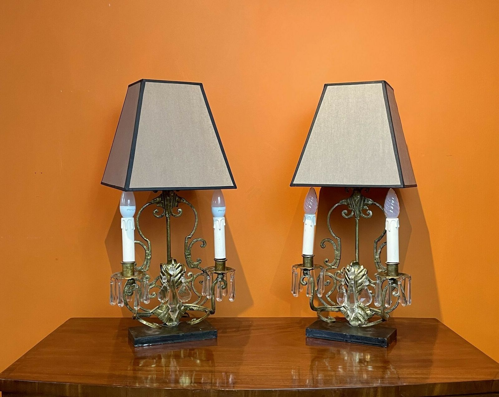Pair Of Gilt Wrought Iron Twin Branch Table Lamps With Glass Drops