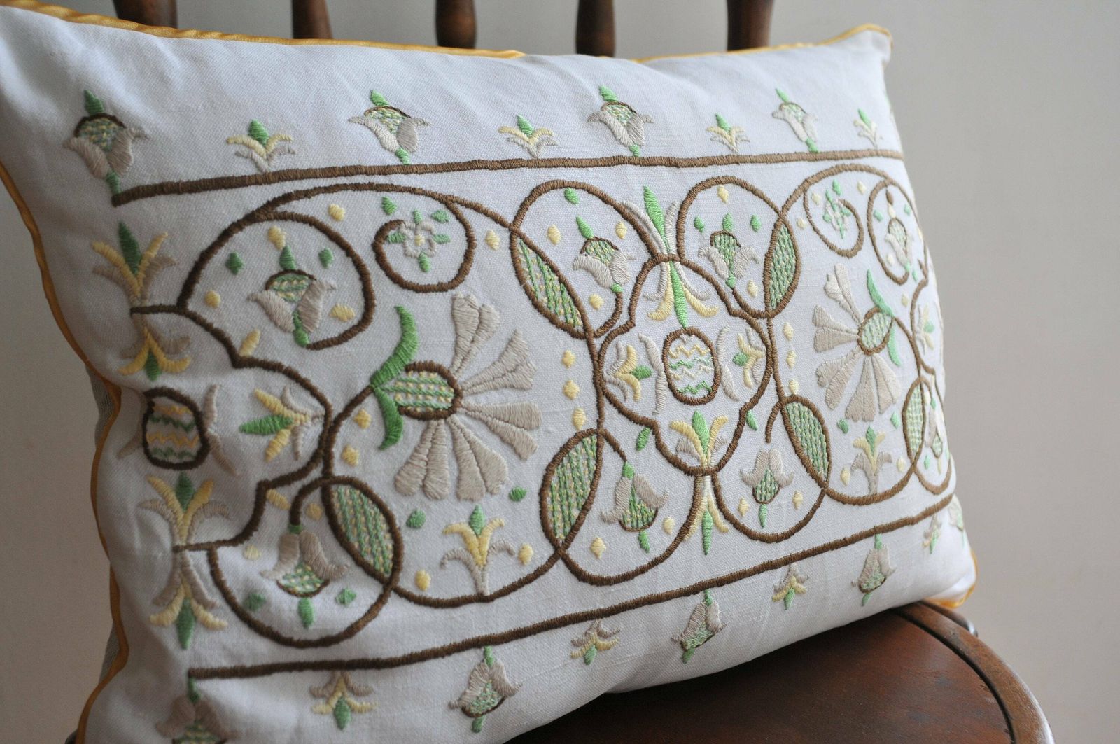 Vintage Hand Embroidered Pillowcase With Tendril Design   Farmhouse Style Rustic Pillow Cover   Floral Embroidery Decorative Pillow Piping photo for sale