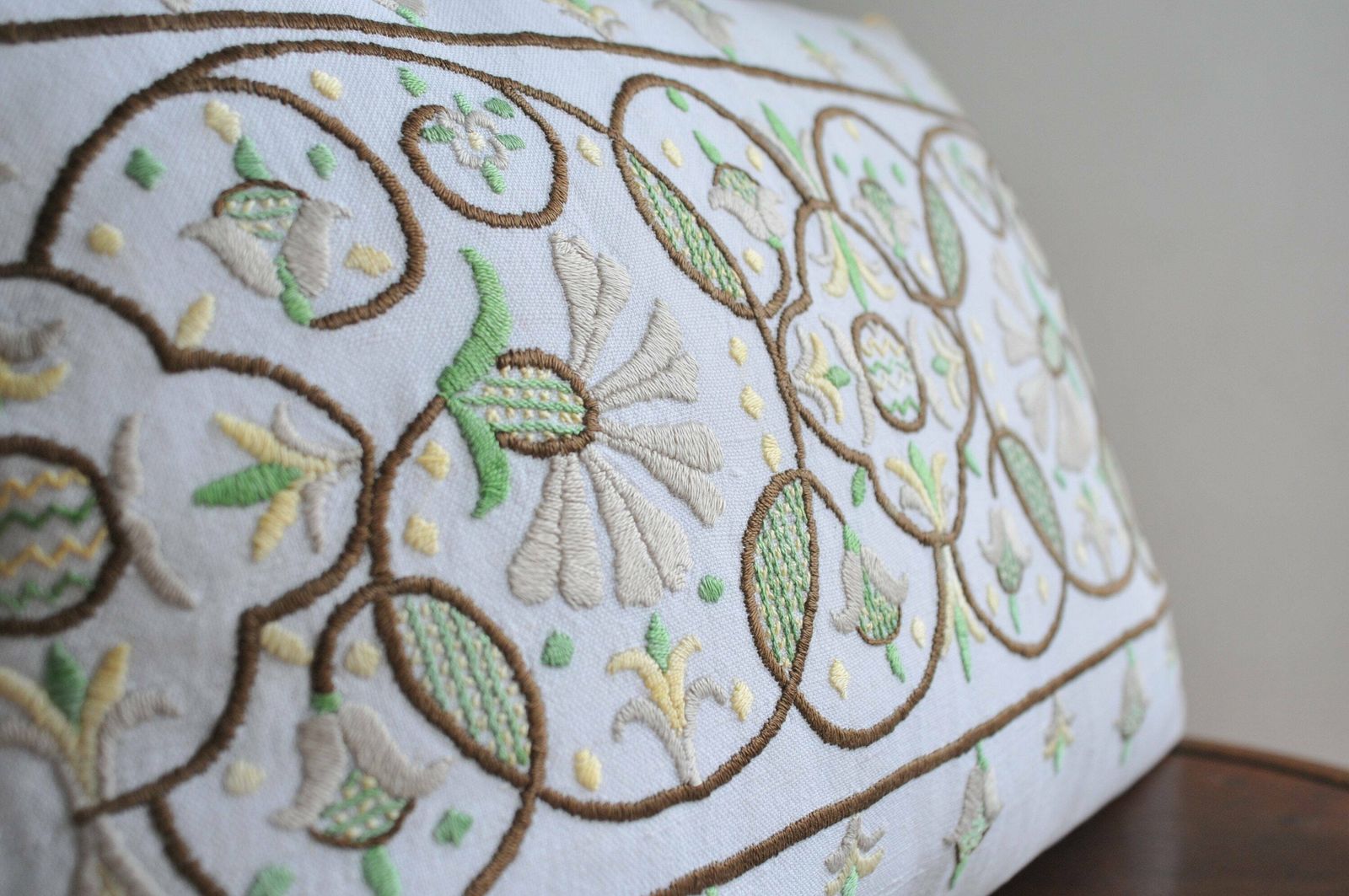 Vintage Hand Embroidered Pillowcase With Tendril Design   Farmhouse Style Rustic Pillow Cover   Floral Embroidery Decorative Pillow Piping photo Textiles