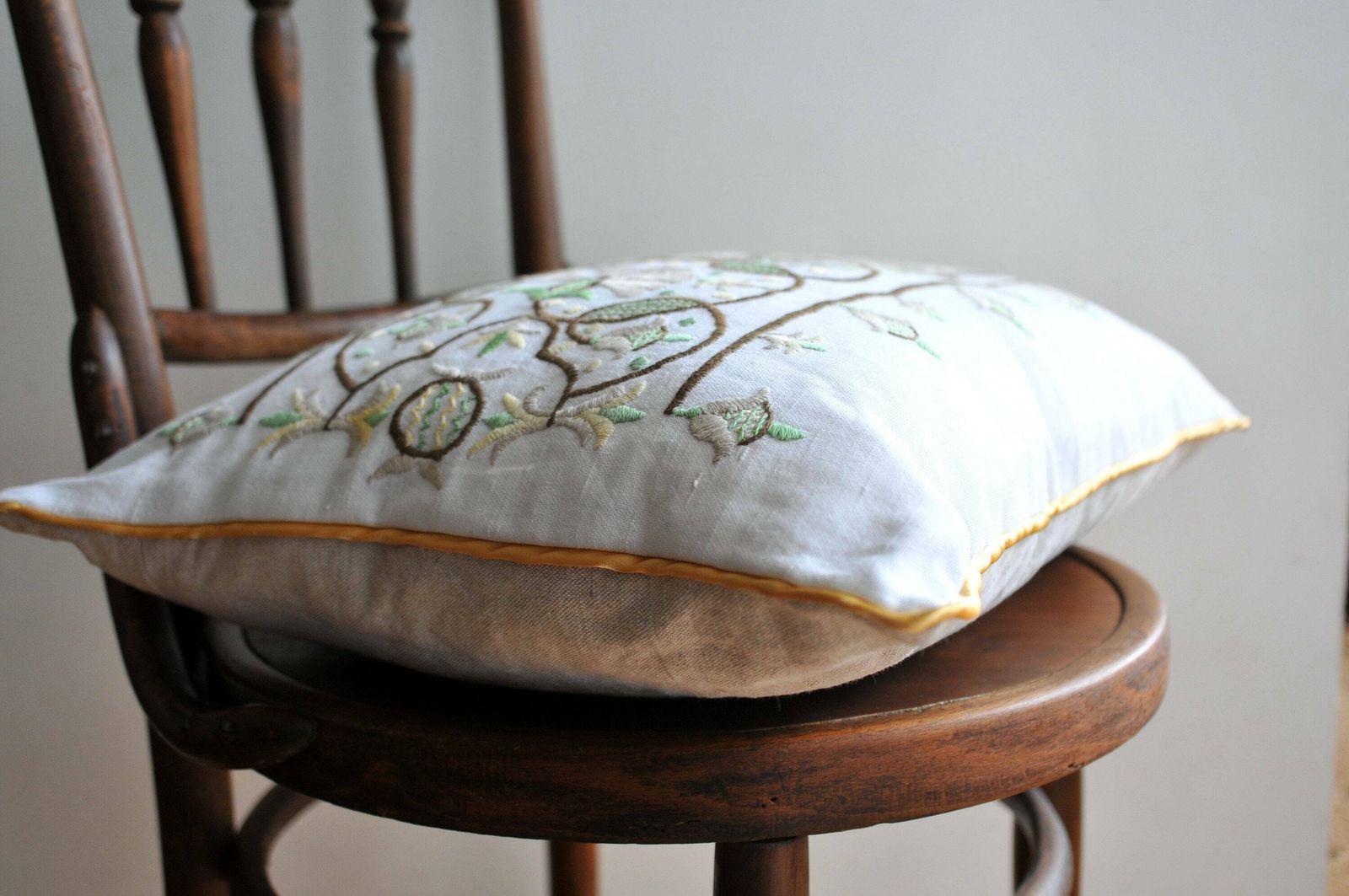 photo furniture Vintage Hand Embroidered Pillowcase With Tendril Design   Farmhouse Style Rustic Pillow Cover   Floral Embroidery Decorative Pillow Piping