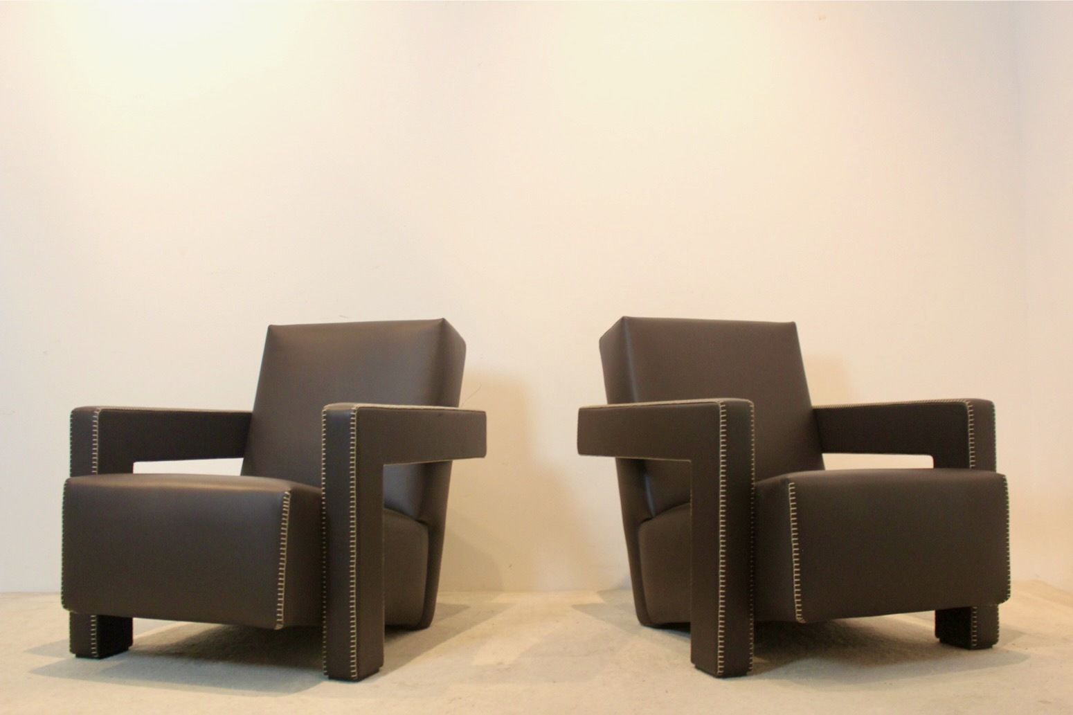 Furniture Chocolate Brown Leather ‘Utrecht’ Lounge Chairs By Gerrit Rietveld For Cassina photo