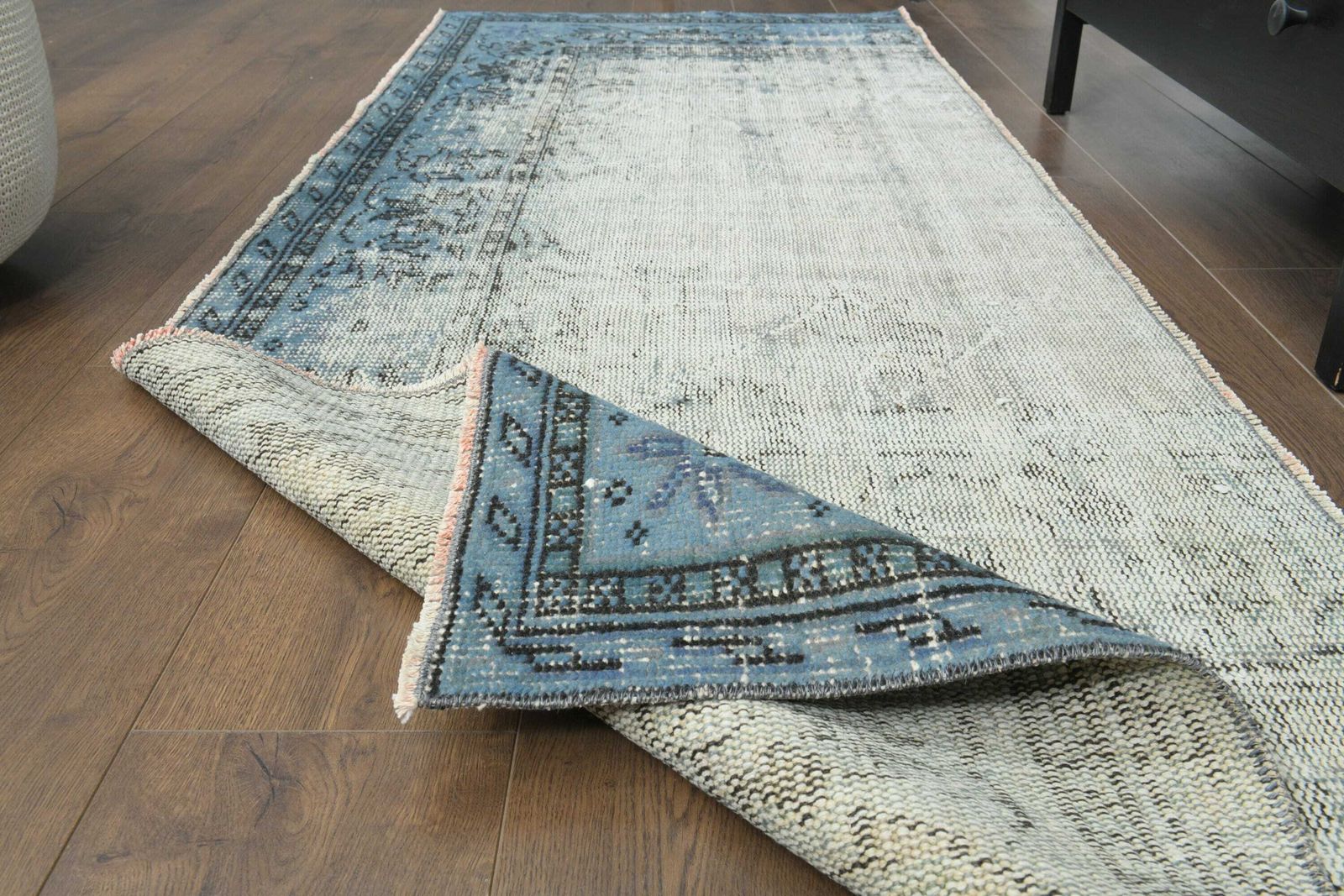 3x7 Blue Vintage Oushak Runner, Handmade Wool Rug, Low Pile Hallway Runner, Boho Decor, One Of A Kind Blue Vintage Runner, 3x7 Runner Rug photo for sale