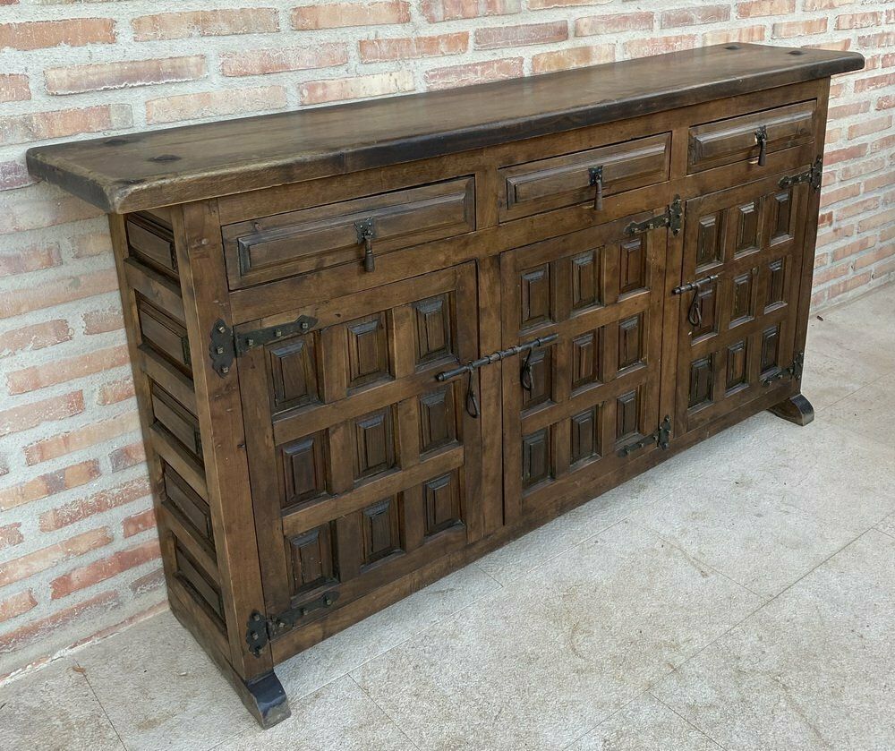 Large 20th Century Catalan Spanish Baroque Carved Walnut Tuscan Credenza Or Buffet, 1900s photo furniture