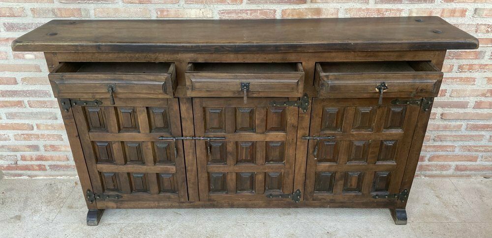Furniture Large 20th Century Catalan Spanish Baroque Carved Walnut Tuscan Credenza Or Buffet, 1900s photo