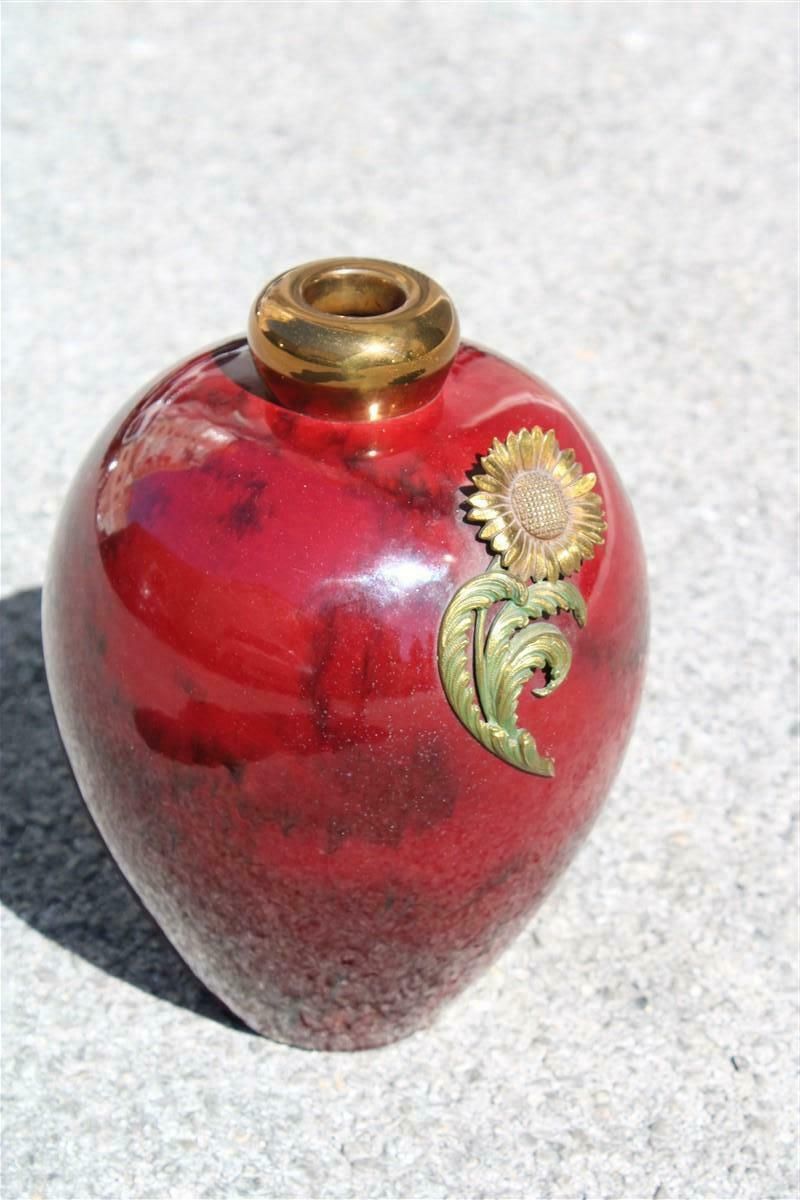 Red Ceramic Vase With Gold And Brass Inserts 1930s Art Deco Italy photo for sale