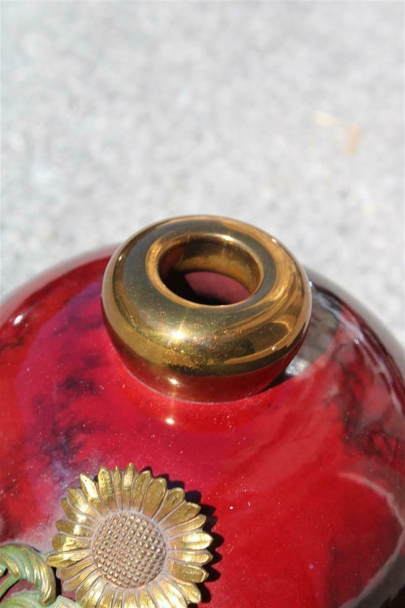 Red Ceramic Vase With Gold And Brass Inserts 1930s Art Deco Italy photo vintage