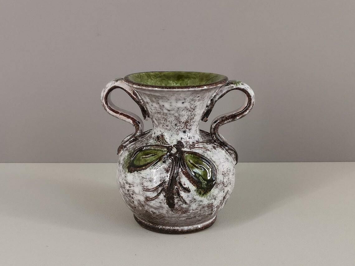 French Ceramic Vase Of Vallauris Floral Decoration / 50s / Ceramic / Handicraft / Mid Century / France / Twentieth Century