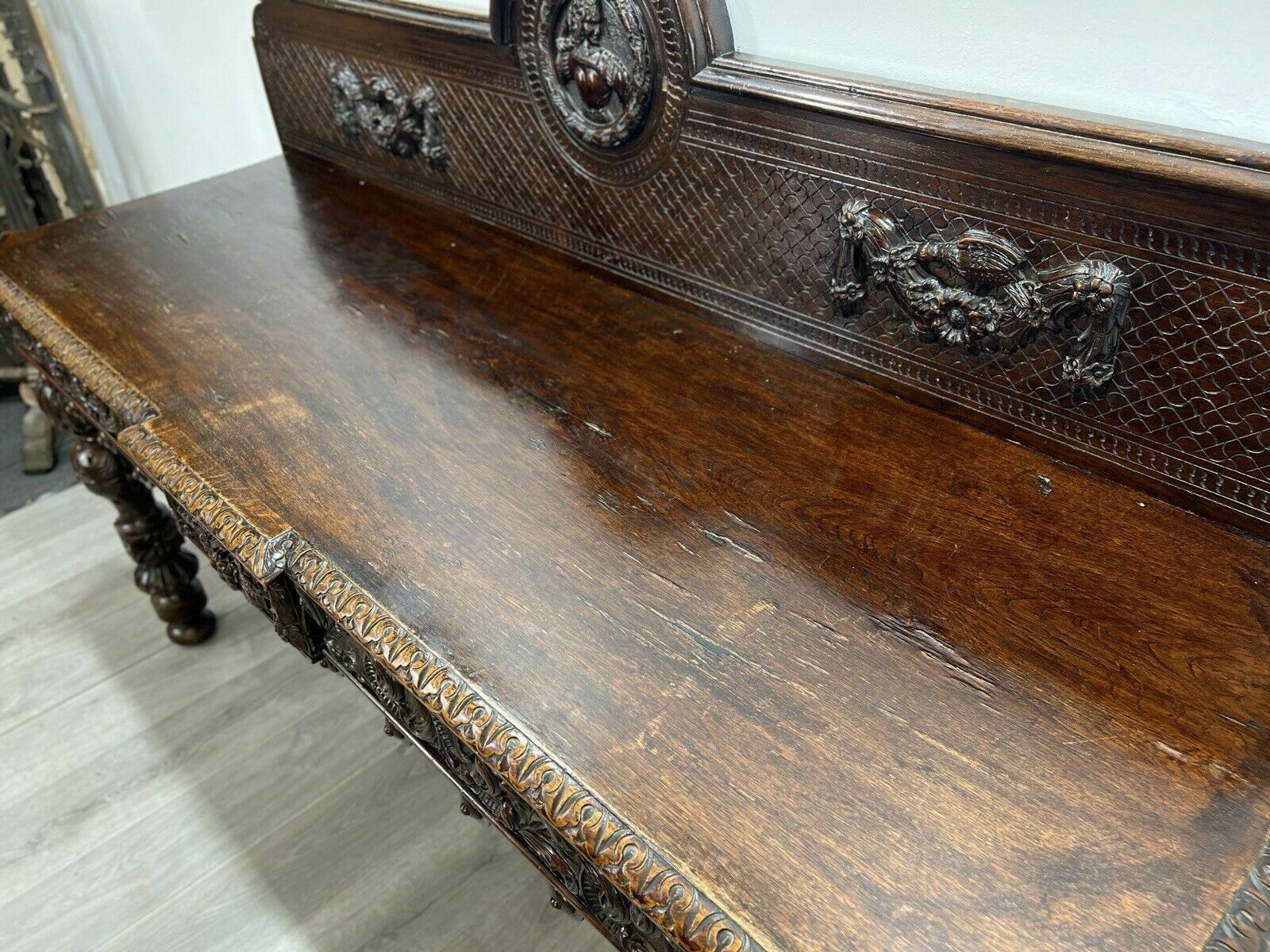 photo furniture A Large Elizabethan Revival, Lion Mask Carved Console / Serving Table