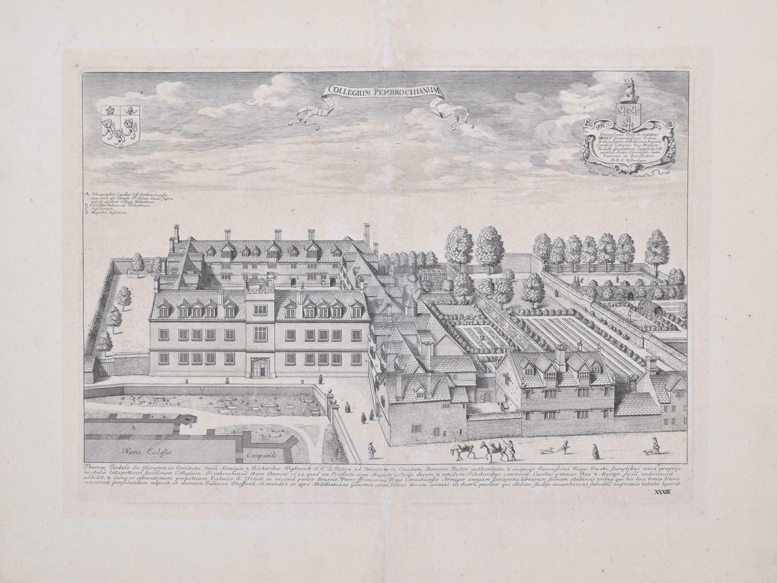 Pembroke College, Oxford David Loggan 1705 Engraving photo for sale