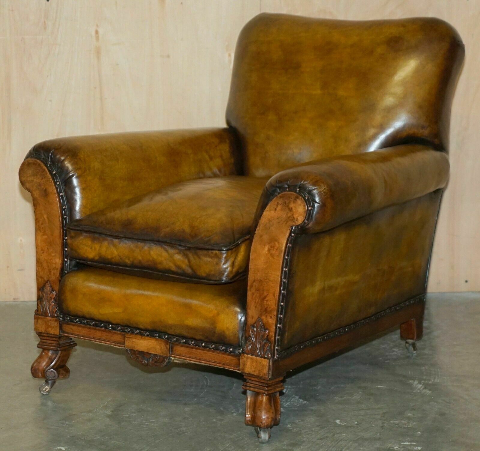 Fine & Important Pair Of Antique Hand Carved Burr Walnut Brown Leather Armchairs photo furniture