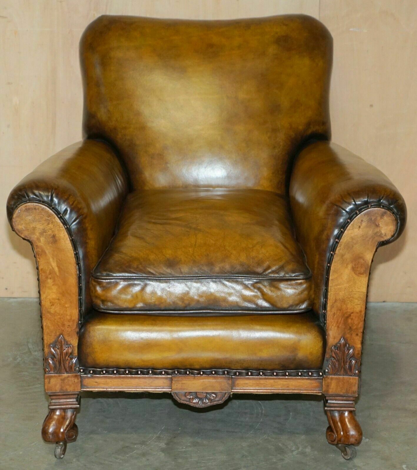 Fine & Important Pair Of Antique Hand Carved Burr Walnut Brown Leather Armchairs photo for sale