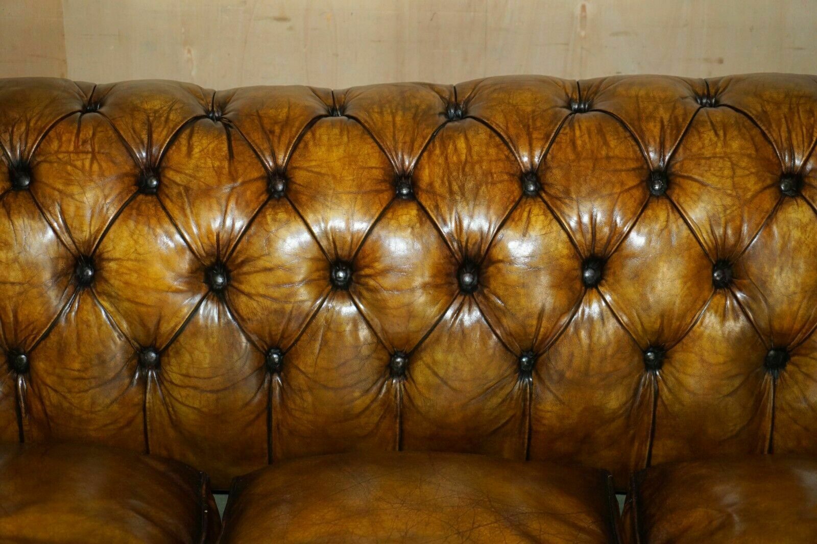photo for sale Super Rare Fully Restored Vintage Cigar Brown Leather Chesterfield Sofa Bed