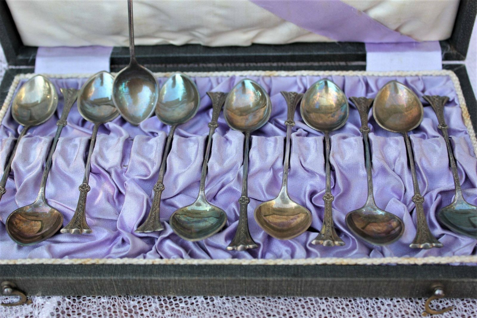 Full Set Silver Plated Coffee Spoons With Fine Handles In Box Art Nouveau Decoration Set Of 12 photo Home Decor