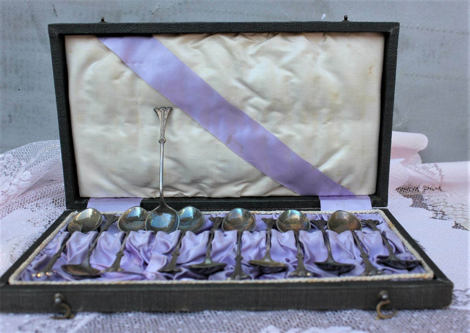 Full Set Silver Plated Coffee Spoons With Fine Handles In Box Art Nouveau Decoration Set Of 12 photo buy