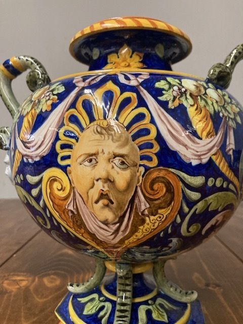 Antique Trilobed Majolica Vase Ginori 1860 With Festoons. Blue Signature. Very Good Condition photo for sale