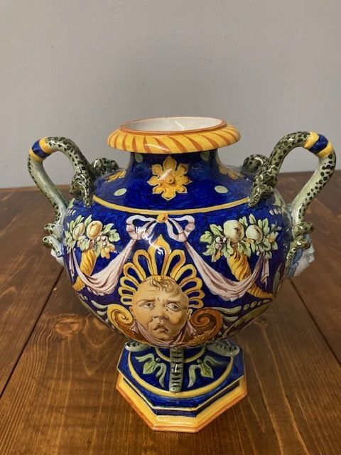 Antique Trilobed Majolica Vase Ginori 1860 With Festoons. Blue Signature. Very Good Condition photo Home Decor