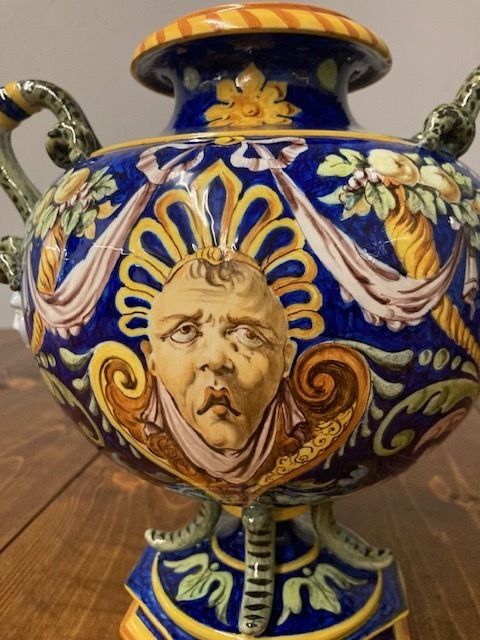 photo for sale Antique Trilobed Majolica Vase Ginori 1860 With Festoons. Blue Signature. Very Good Condition