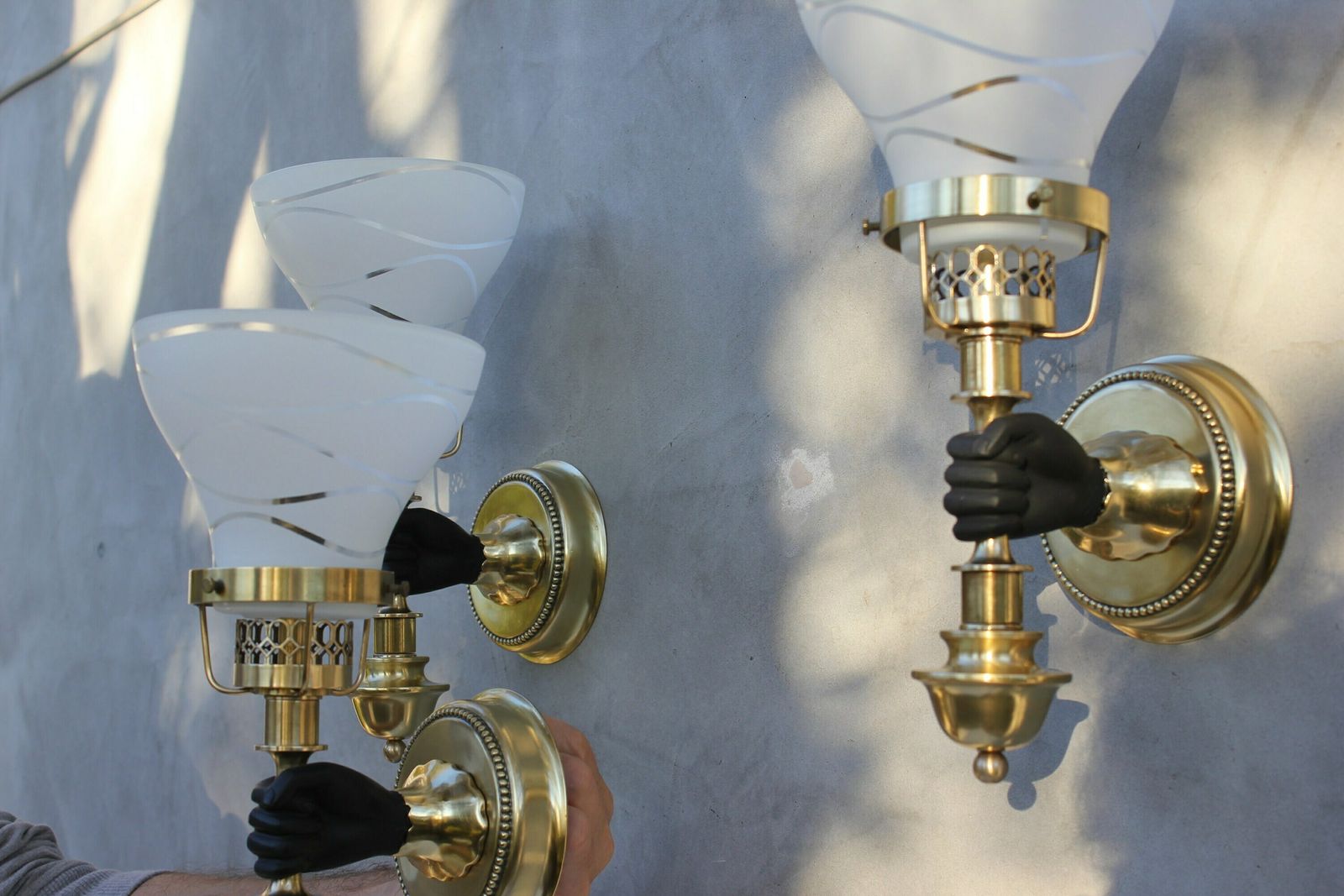 Set Of Three Maison Jansen Sconces Hand With Torch Wall Mounted Lamps, Black And Brass Light Fixture, John Devoluy Wall Light, Wall Lamp photo Lighting