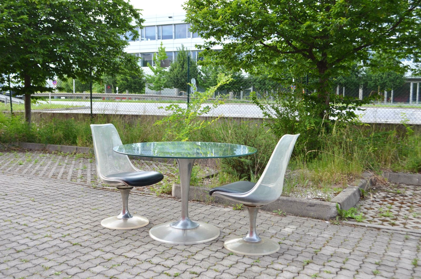 Lucite Chromcraft Dining Set Tulip Glas Dining Table & 4x Leather Chairs photo vintage