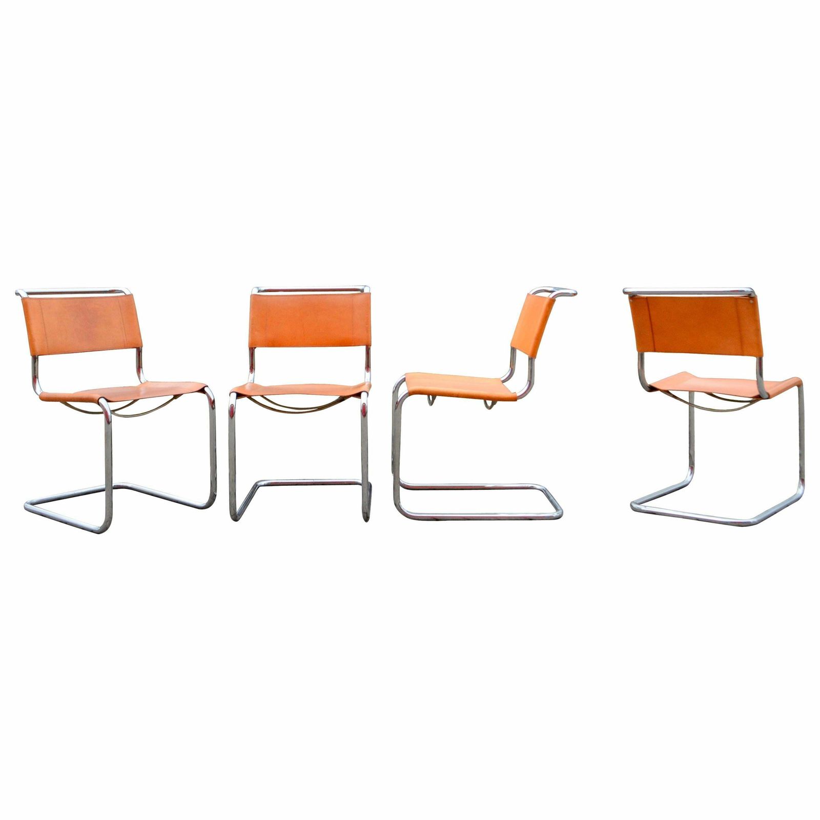 Thonet S 33 Vintage Cognac Vegetal Leather Chairs Mart Stam Cantilever Set Of 4 photo vinterior