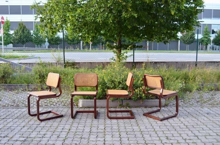 Vintage Cane Cantilever Dining Chairs In The Manner Of Marcel Breuer Set Of 4 photo for sale