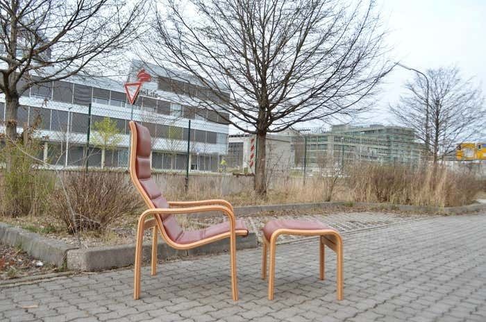 Yngve Ekström Modell Melano Swedese Ox Red Leather Highback Lounge Chair Beech photo for sale