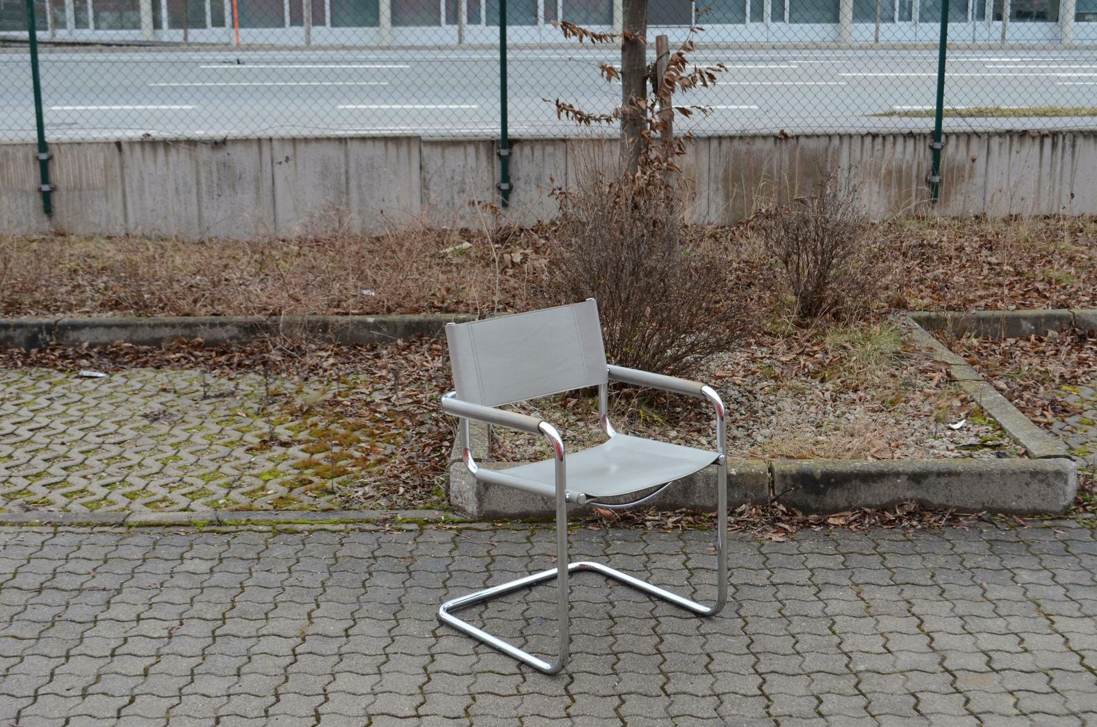 photo for sale Vintage Italy Light Grey Leather Dining Chairs Armchairs Cantilever Set Of 4