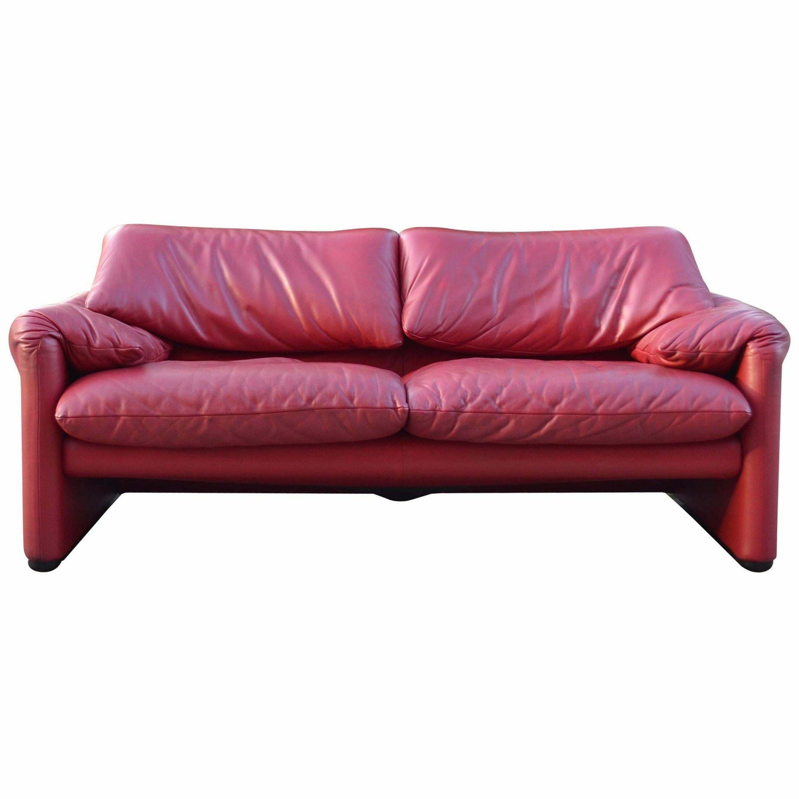 Cassina Maralunga Red Berry Leather Sofa By Vico Magistretti