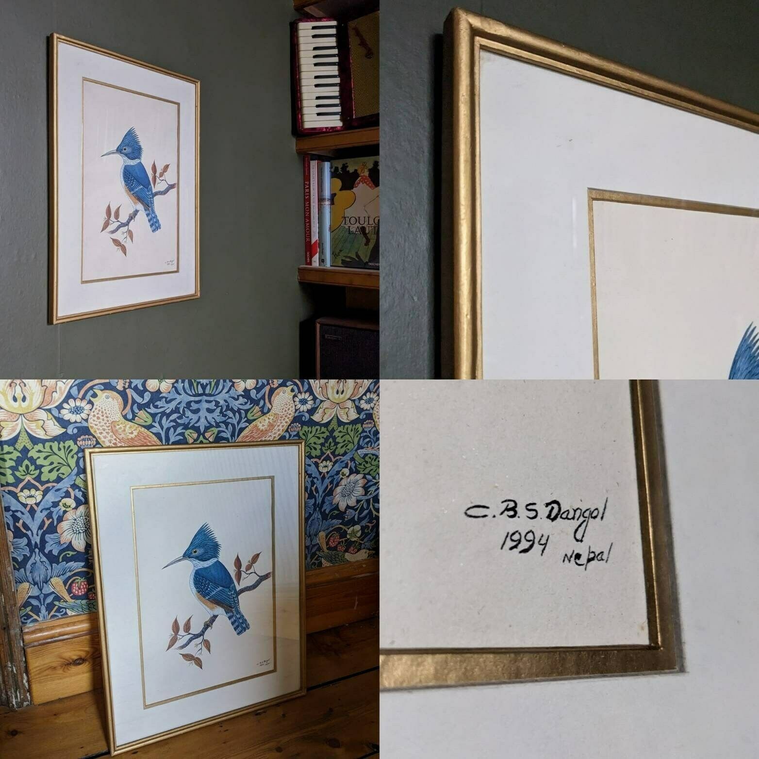 photo for sale A Very Fine Original Watercolour Painting Of A Blue Kingfisher Bird By Nepalese Artist C.B.S. Dangol