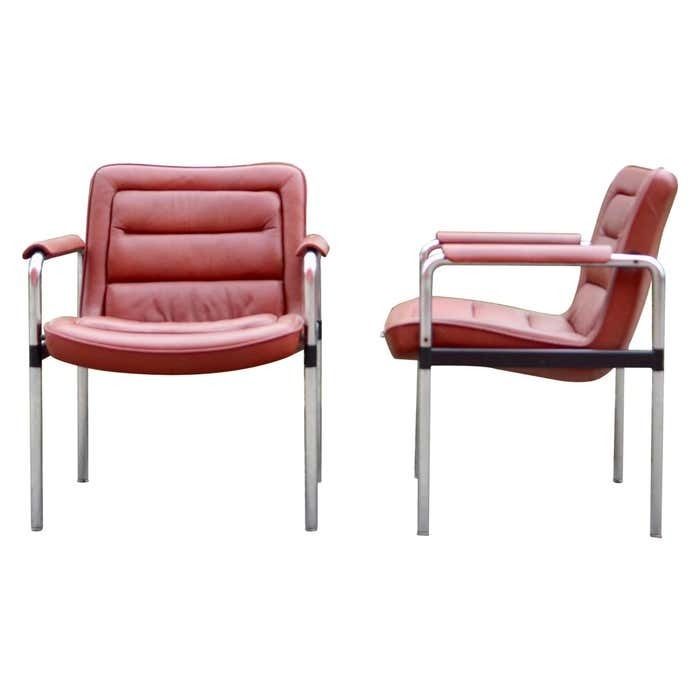 Jorgen Kastholm Red Leather Armchair Chair Modell 8400 For Kusch + Co Set Of 2