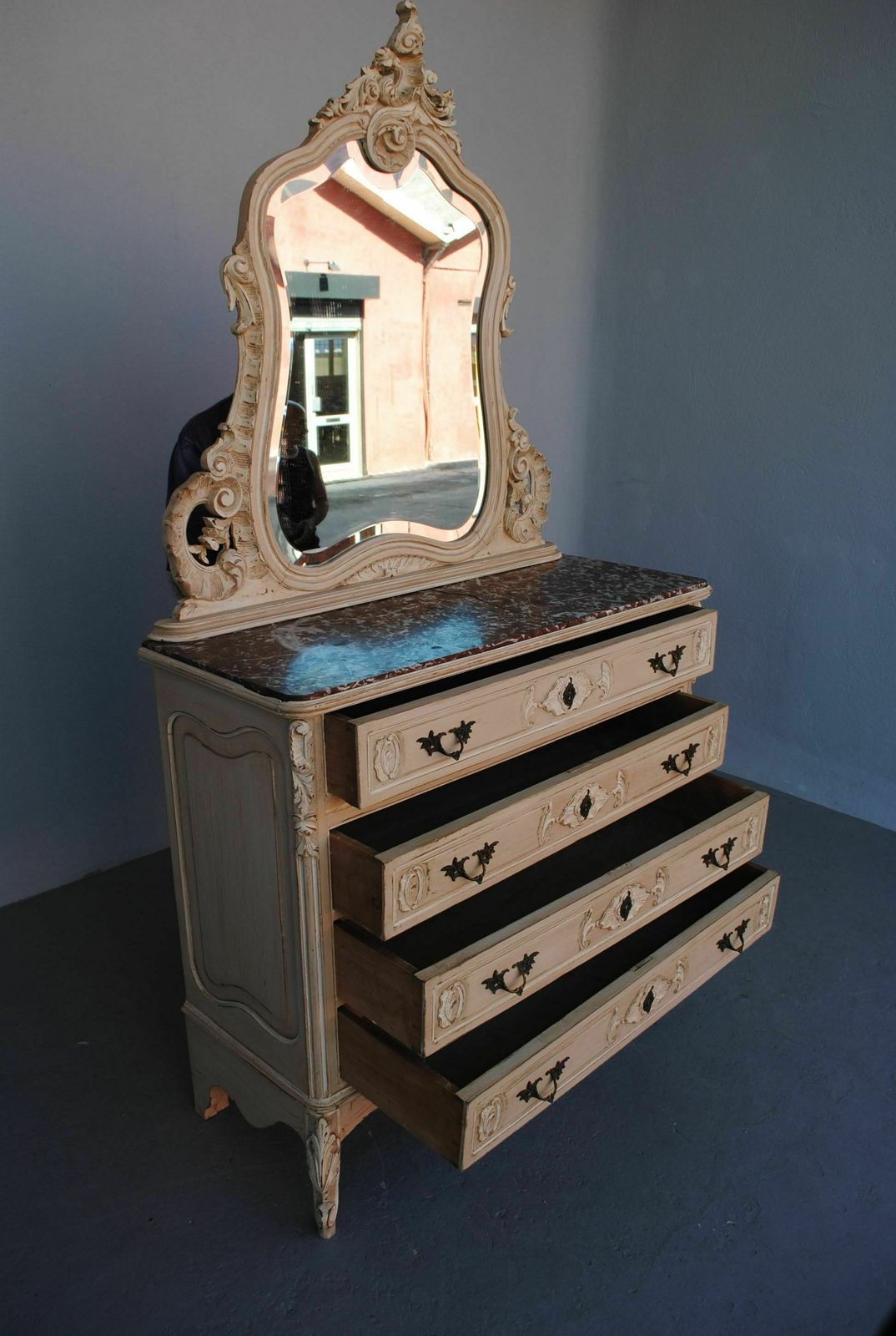 Gray Lacquered Louis XV Style Dressing Table Chest Of Drawers 1900 photo vinterior